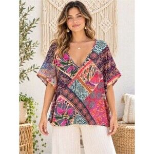 Natural Life V-neck patchwork floral and paisley print flowy Boho Top Size L/XL